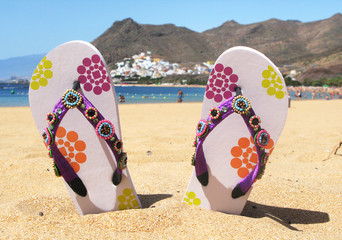 Flip-flops in the sand of Teresitas beach. Tenerife island, Cana