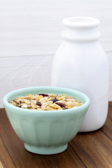 Delicious and healthy muesli with fresh milk