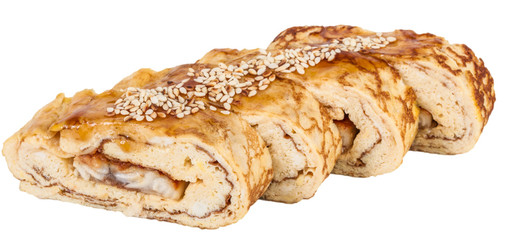 Omelet Maki Sushi - Roll made of Smoked Eel inside. Topped with