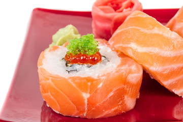 Japanese sushi traditional japanese food.Roll made of salmon, re