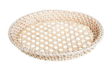 Wickerwork empty yellow breadbasket on white background