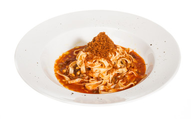 Pasta with tomato sauce basil and grated parmesan