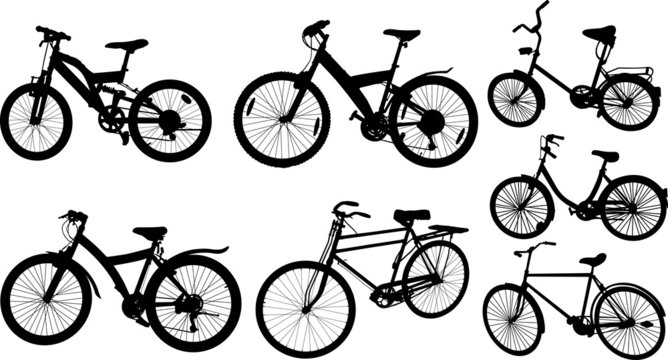Set of 7 silhouettes of sport bicycle on a white background