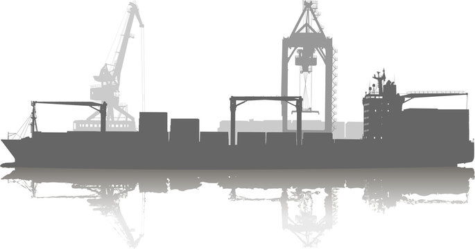 silhouette of ship in port on unloading under the crane