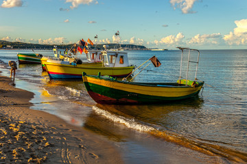 Boats in Sopot with molo in the background, Poland - obrazy, fototapety, plakaty