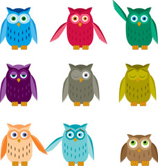 Set of Colorful Owls