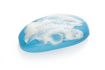 Blue soap with white suds