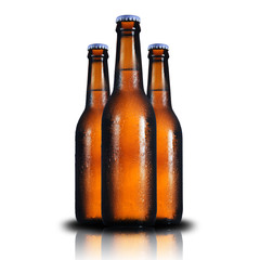 3 beer bottles on white background