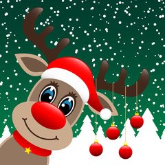 Rudolph 4 Christmas Balls Winter Forest Snowfall Diagonal Green