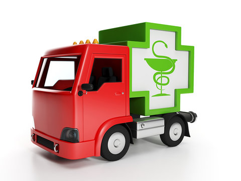 3d illustration: Truck and medicine. Delivery of medical supplie