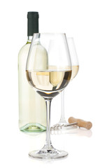 White wine glasses, bottle and corkscrew