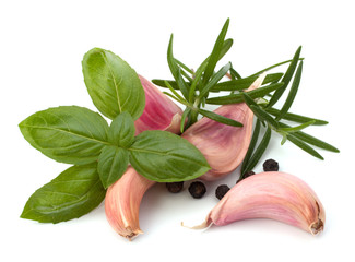 Garlic clove, basil and rosemary leaf