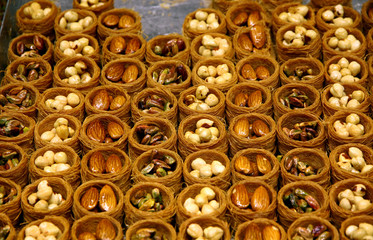 Close-up traditional Turkish baklava cakes (sweet dessert)