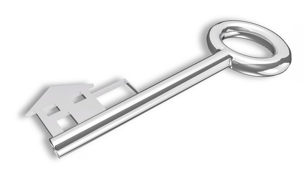 silver house key in white background