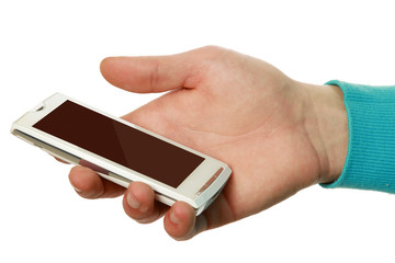 A guy with a mobile phone, isolated on white background