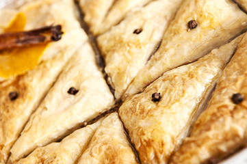close up of delicious baklava cut into triangles.