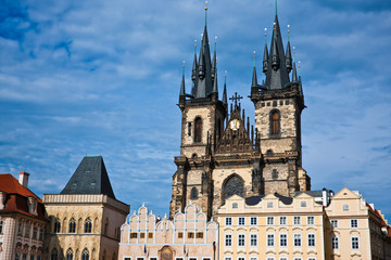 Old Town Square with St. Teyn gothic cathedral in Prague.