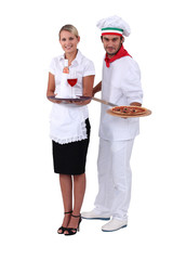 Waitress and cook pizzas