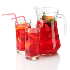 sangria in jar and glasses, isolated on white