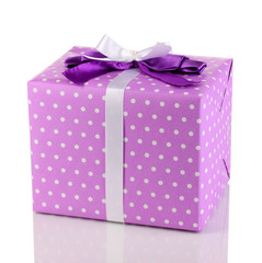 Colorful purple gift with bow isolated on white