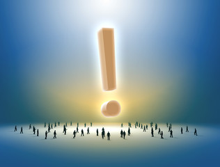 People walking towards an exclamation mark