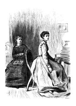 Two Fair Maidens, Victorian vintage engraved illustration