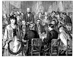 Group in the Salon D'or, Gambling vintage engraved illustration