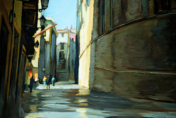 rain in gothic quarter of barcelona. painting by oil on a canvas