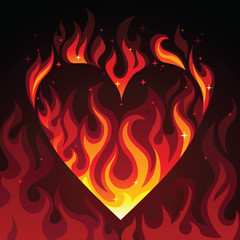 hot burning heart on fire on dark background