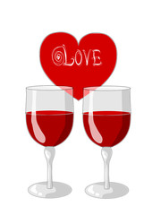 One heart and two glasses of wine - valentines day.