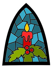 Candle on blue stained-glass window for christmas time.