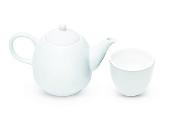 Porcelain pitcher with cup and plate isolated on white