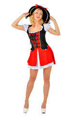 Beautiful blonde woman in masquerade pirate costume.