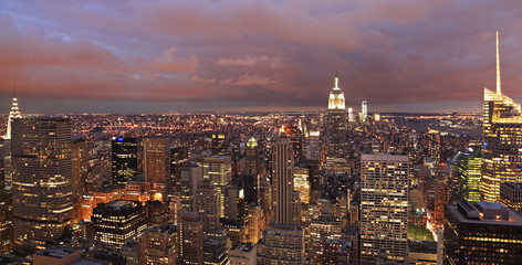New York skyline at a purple dusk, panoramic view