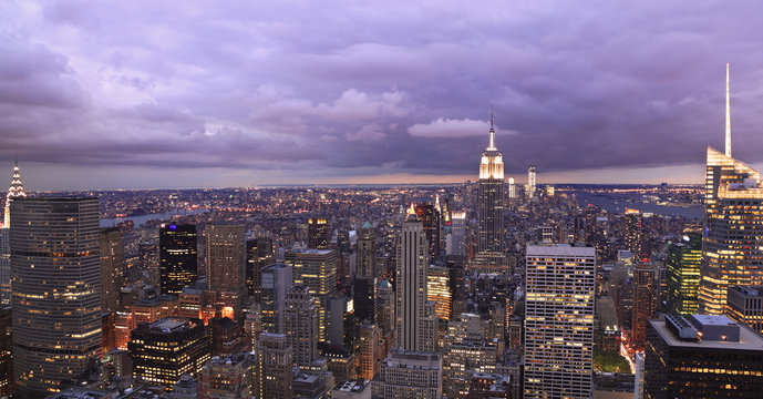 New York skyline at dusk, panoramic view