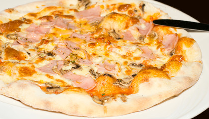Delicious pizza with ham, peppers, mushrooms and cheese.