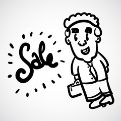 Cartoon Doodle Businessman with Sale Sign