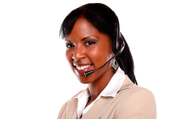 Smiling young female wearing a headset