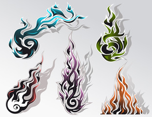 Set of five colorful fire decorative elements.