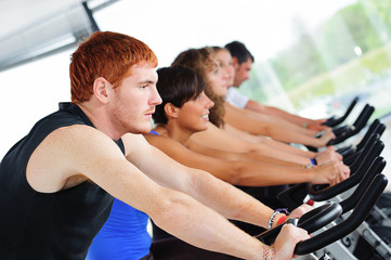 Naklejka na ściany i meble Group of five people in the gym, exercising their legs doing car