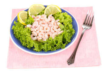 Delicious marinated shrimp in plate isolated on white