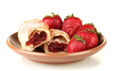 Fresh bagels with strawberry isolated on white