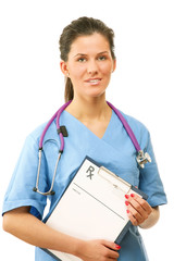Young female doctor with a clipboard looking at camera.