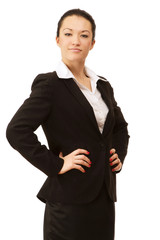 A portrait of a businesswoman in a suit, isolated on white