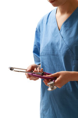 doctor woman with stethoscope. Isolated on white background.