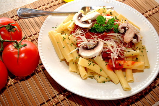 Ziti With Tomato Sauce, Cheese, Mushrooms And Parsley