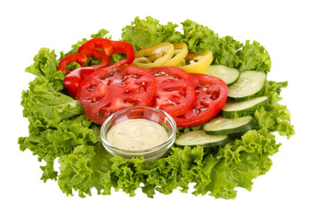 Chopped vegetables and sauce on plate isolated on white