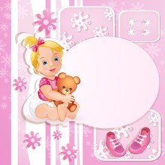 Pink baby shower card with  cute little girl