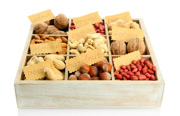 assortment of tasty nuts in  wooden box, isolated on white