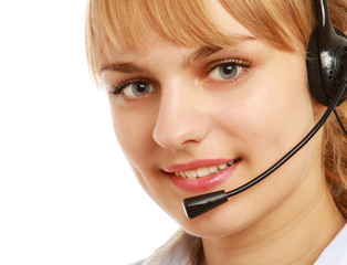 A call center employee, close-up portrait, isolated on white
